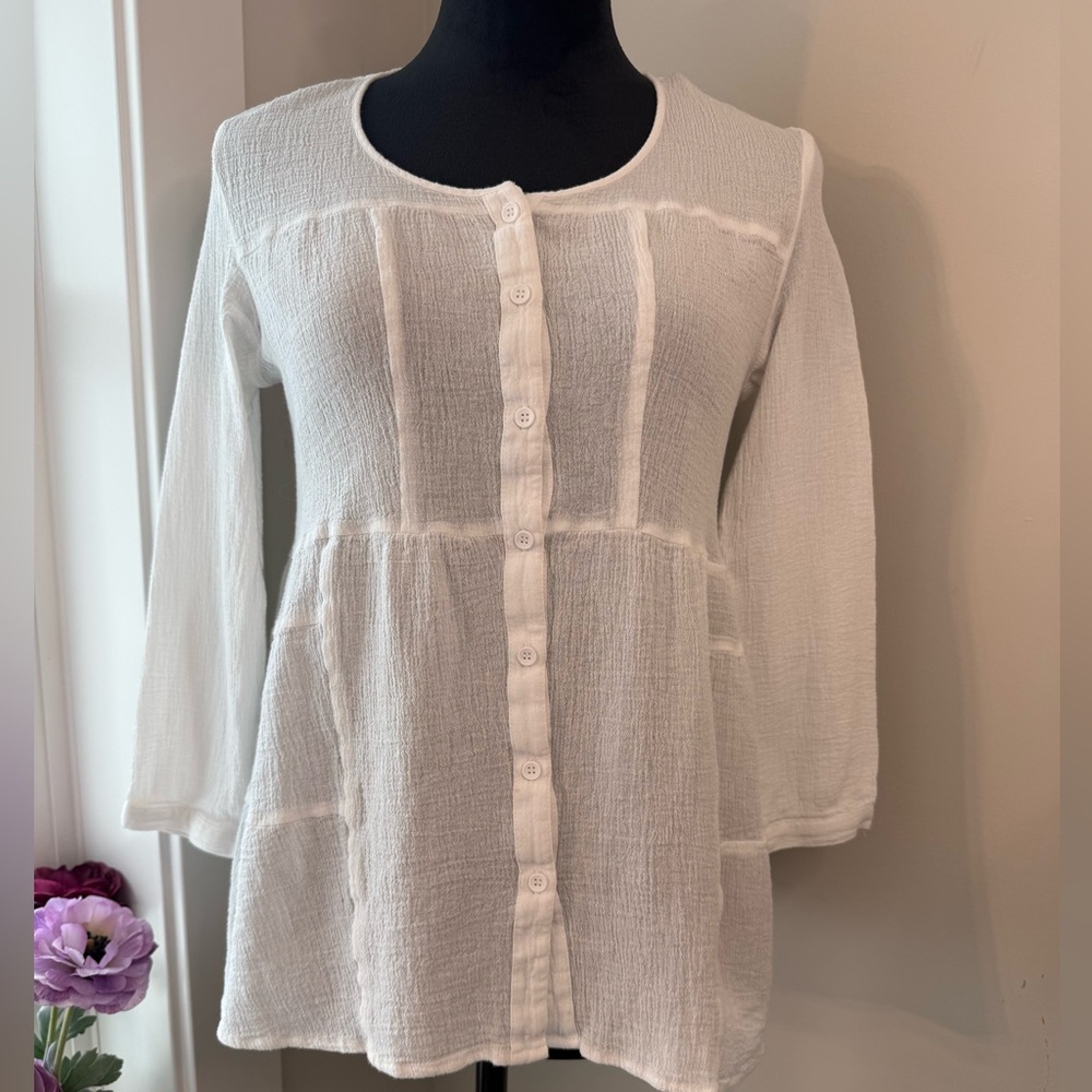 Garnet Hill White Blouse Organic Cotton Women's Small Size 4 Button Down Boho